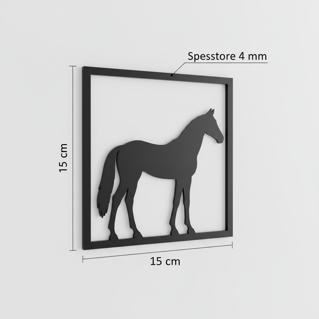 Vista 3D del quadretto da parete del purosangue da corsa con dimensioni 15 × 15 cm e spessore 4 mm