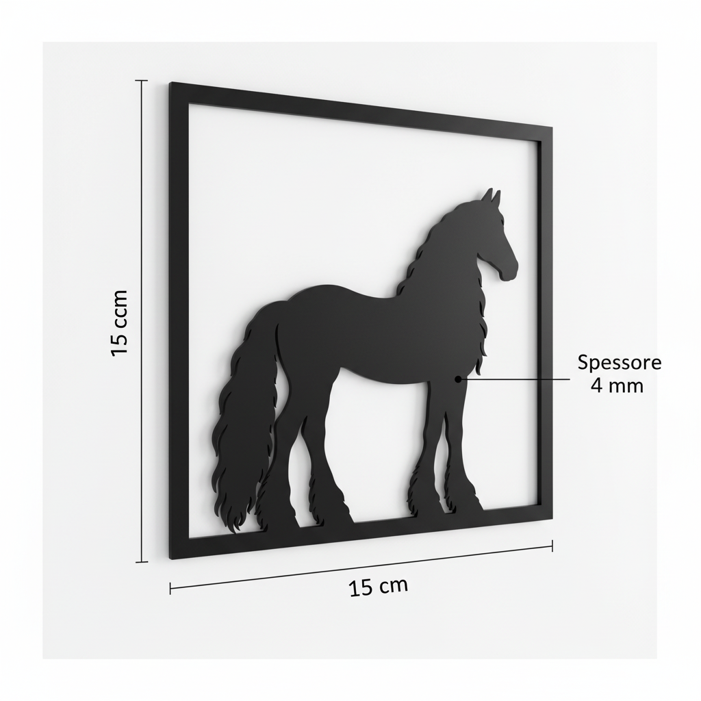 Vista 3D del quadretto da parete del cavallo frisone con dimensioni 15 × 15 cm e spessore 4 mm