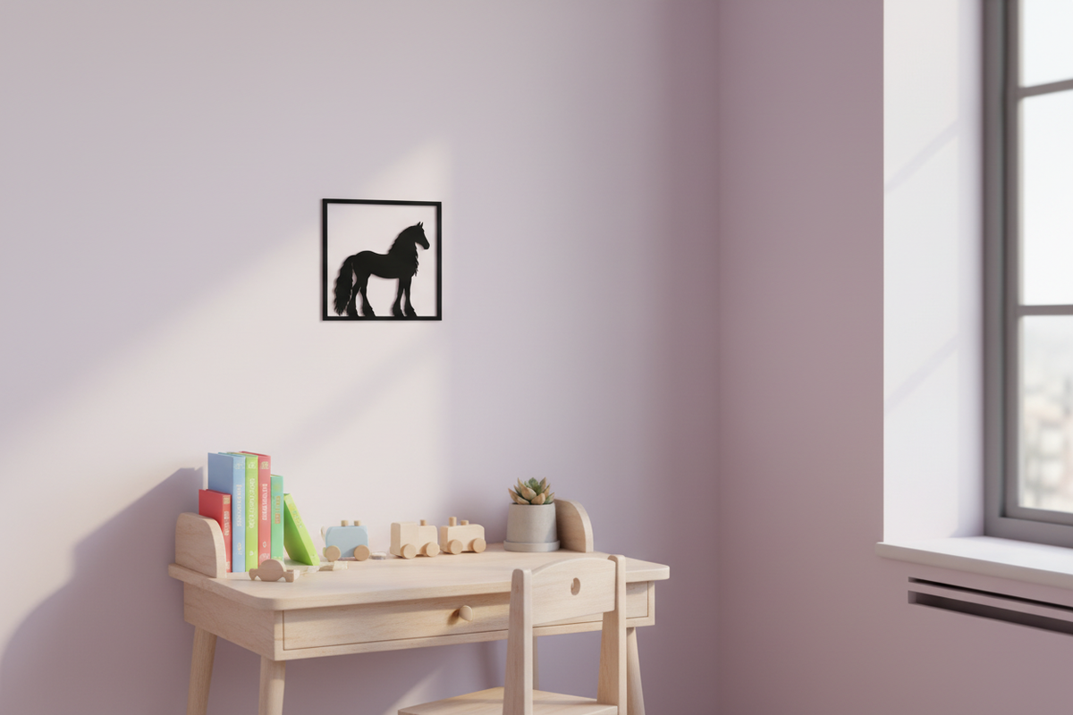 Quadretto del cavallo frisone appeso al muro di una cameretta, in scala realistica