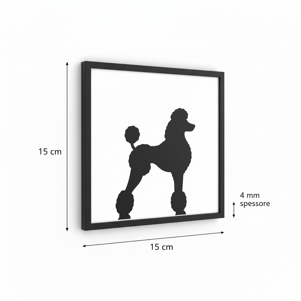 Render 3D del quadretto Barboncino con misure 15 cm di larghezza, 15 cm di altezza e spessore 4 mm