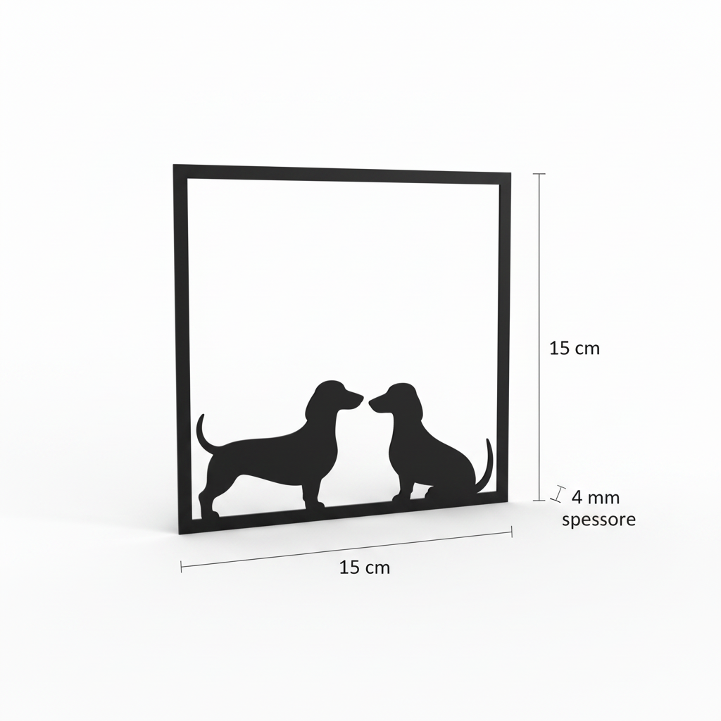 Render 3D del quadretto con due bassotti e misure 15 cm di larghezza, 15 cm di altezza e spessore 4 mm