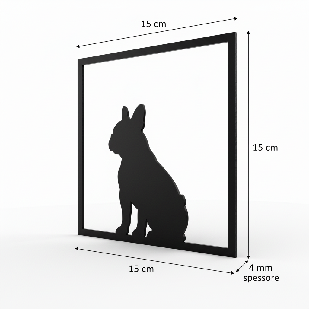 Render 3D del quadretto Bulldog Francese con misure 15 cm di larghezza, 15 cm di altezza e spessore 4 mm