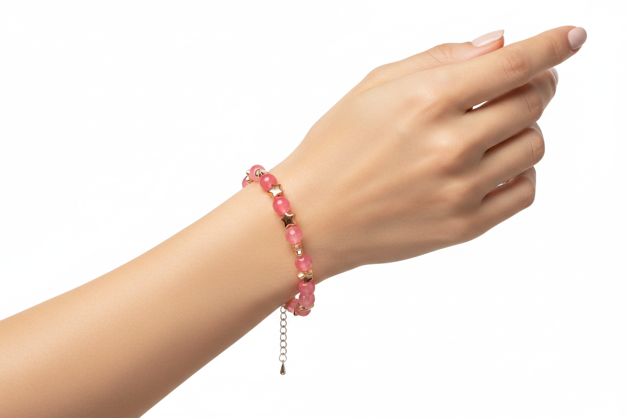 Bracciale quarzo rosa con stelle oro rosé indossato da modella