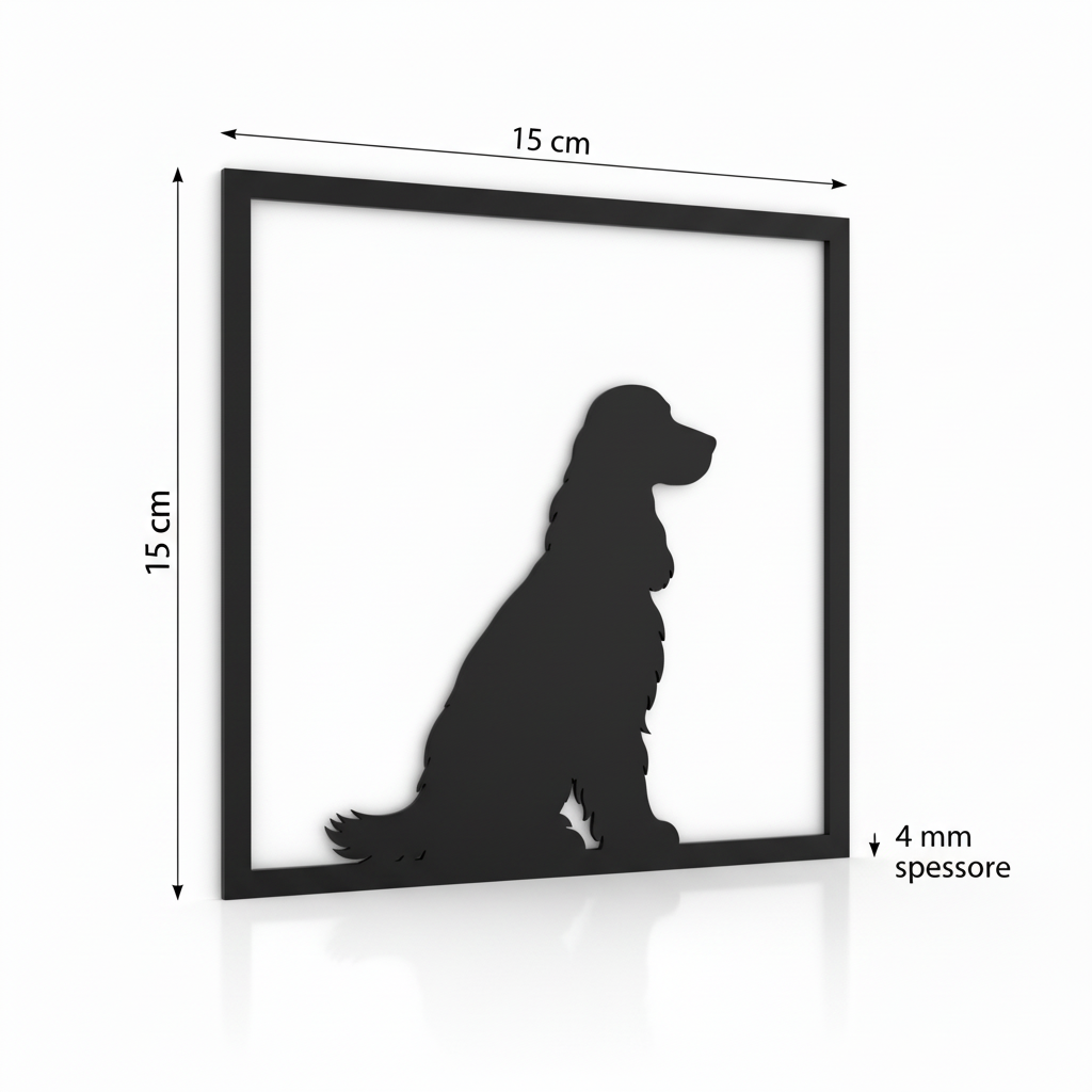 Render 3D del quadretto Cocker Spaniel con misure 15 cm di larghezza, 15 cm di altezza e spessore 4 mm