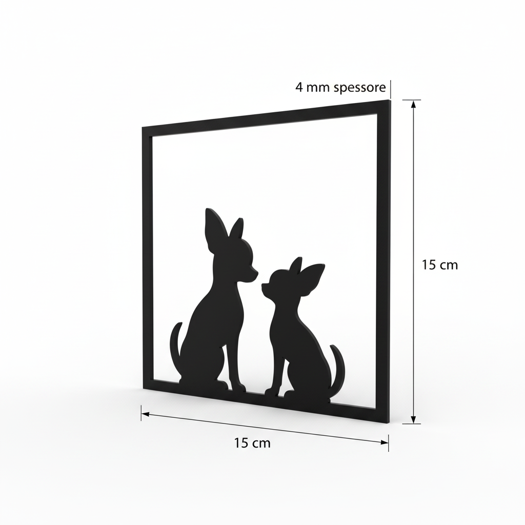 Render 3D del quadretto con due Chihuahua e misure 15 cm di larghezza, 15 cm di altezza e spessore 4 mm