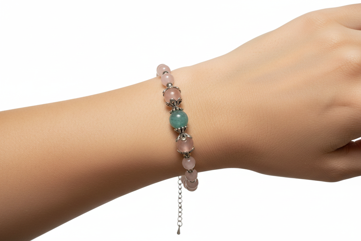 Bracciale quarzo rosa e acquamarina indossato da modella
