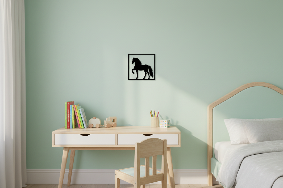 Quadretto del cavallo andaluso appeso al muro di una cameretta, in scala realistica
