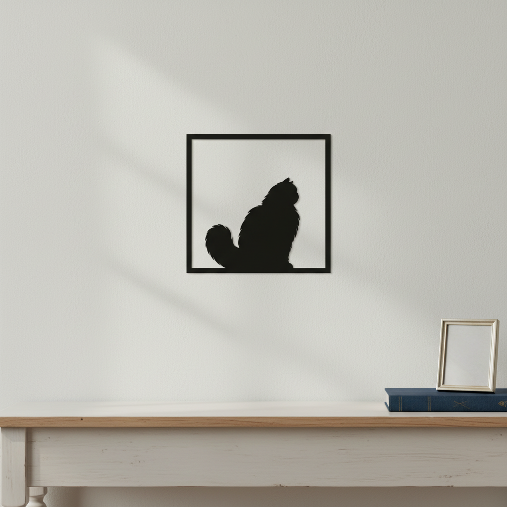 Quadretto gatto persiano nero capovolto ambientato con proporzioni reali di 15 cm