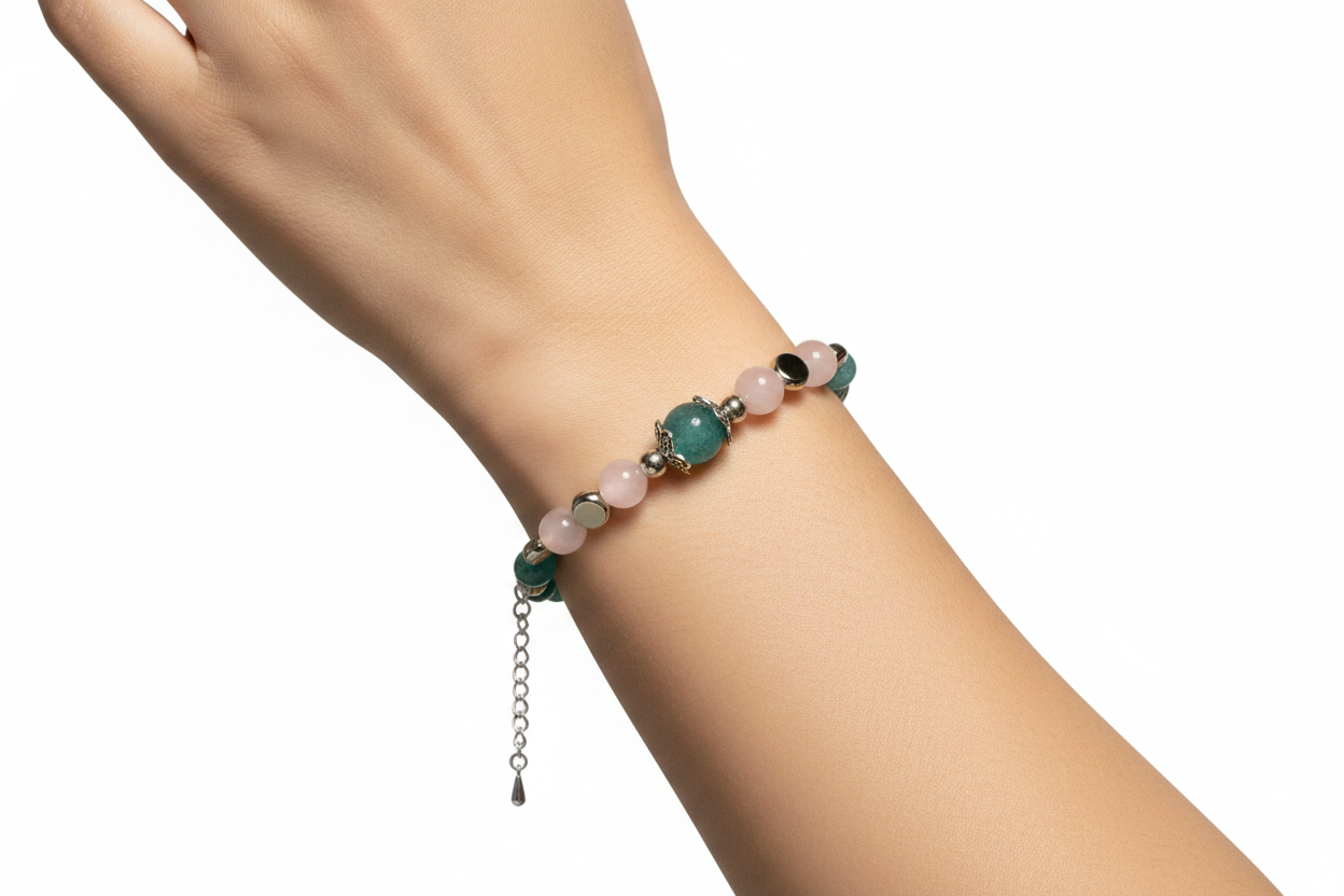 Bracciale acquamarina e quarzo rosa con farfalla indossato da modella