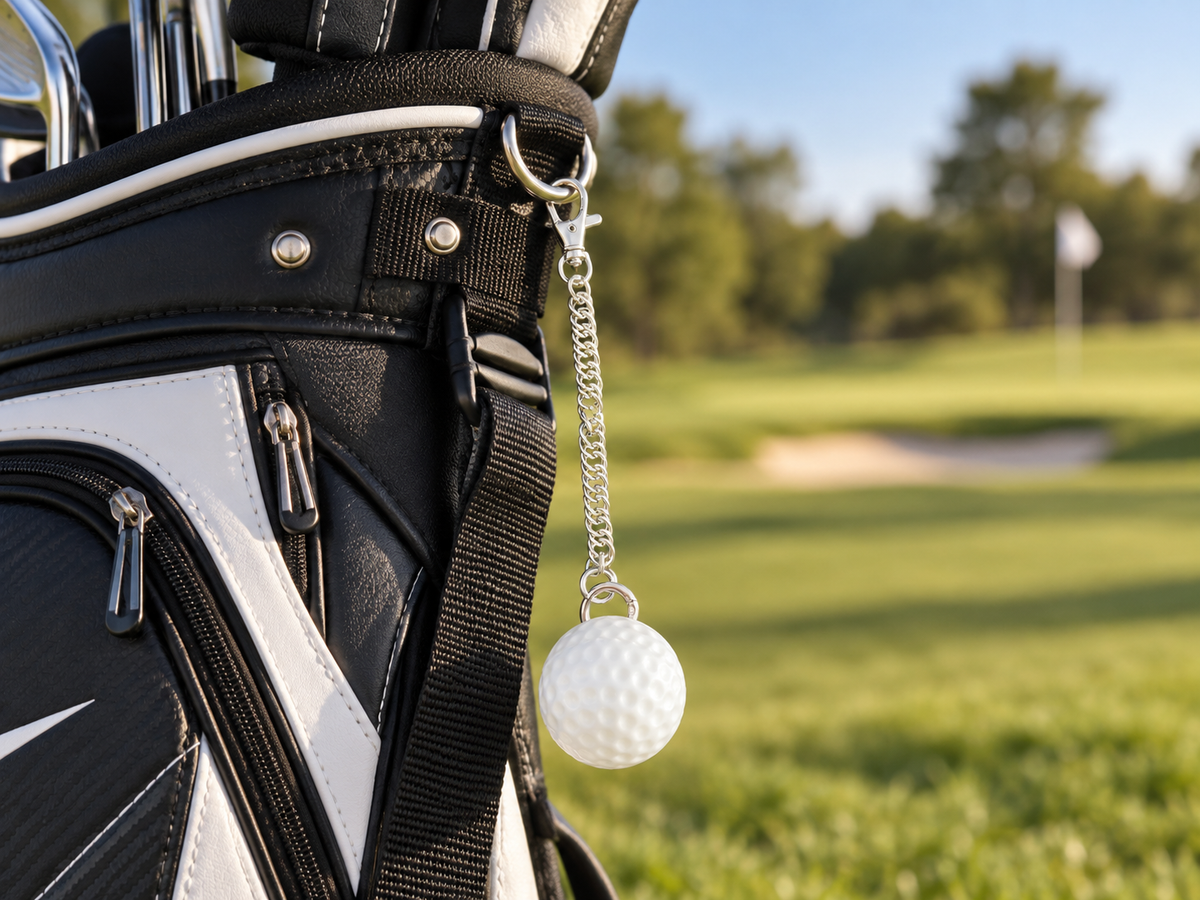 Pallina da golf con catenella agganciata alla sacca da golf