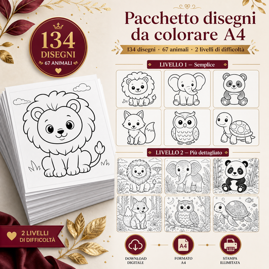 Animali da colorare — Pacchetto digitale A4 · 134 tavole · 67 animali · 2 livelli di difficoltà