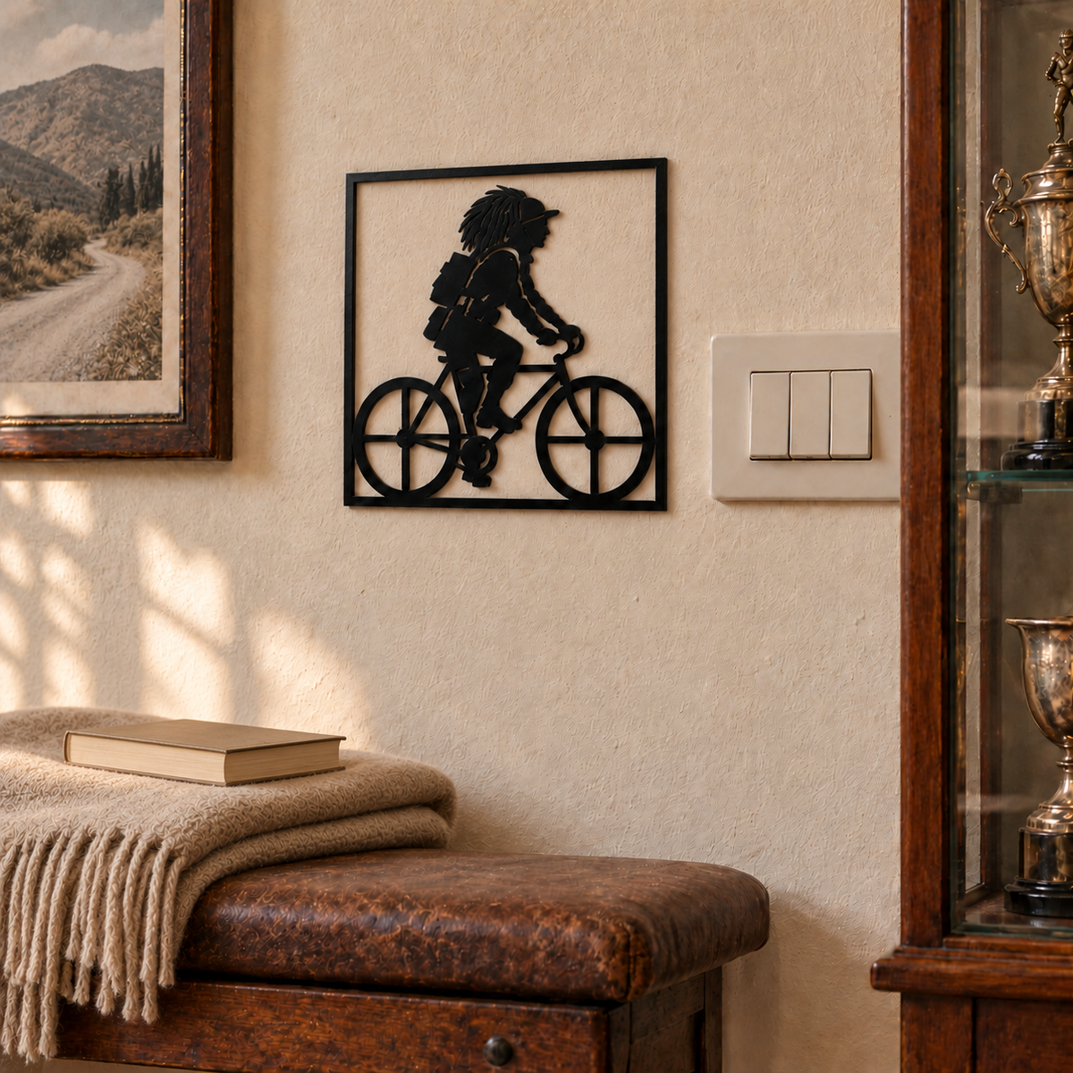 Quadretto nero con bersagliere in sella alla bicicletta, ambientato in un angolo con trofei.
